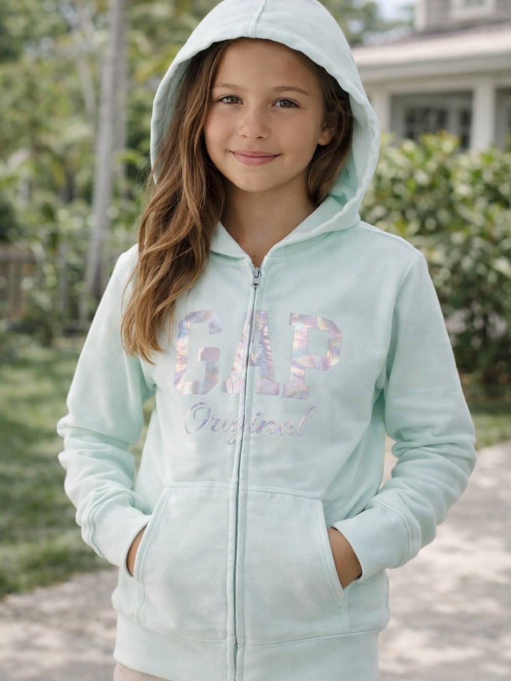 GAP Kids Mint Green Zip Hoodie | XL (14–16) | Holographic Logo